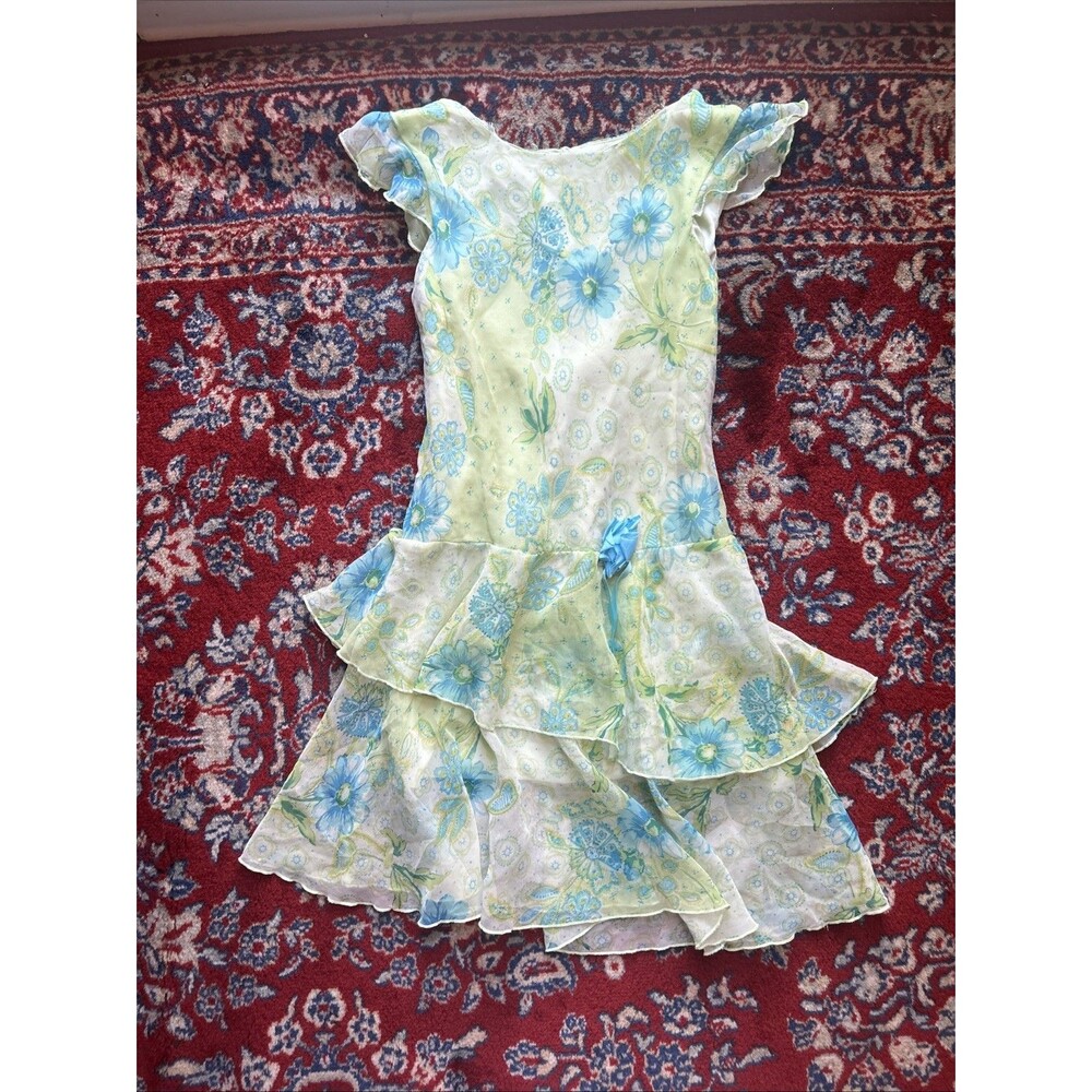 VTG Y2K Amy Byer Girls Sz 7 Party Dress Lime Green Blue Floral Layered
